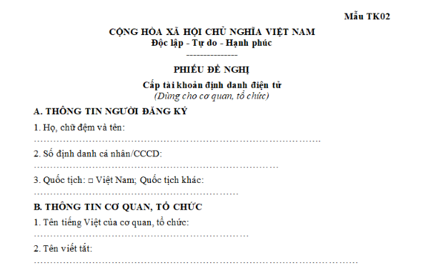 Mẫu phiếu đề nghị cấp tài khoản định danh điện tử cho công ty cổ phần, công ty TNHH 
