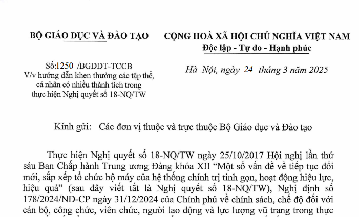 Công văn 1250 hướng dẫn khen thưởng khi sắp xếp tổ chức bộ máy của Bộ Giáo dục