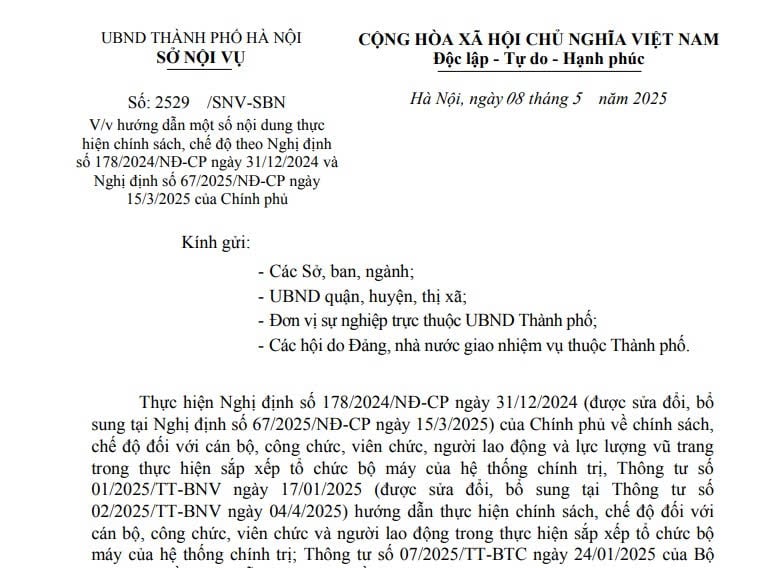 Công văn 2529: Hướng dẫn chính sách khi sắp xếp tổ chức bộ máy theo Nghị định 178/2024 và Nghị định 67/2025 tại Hà Nội 